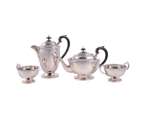 Silver four piece tea service, E H Parkin &amp; Co., Sheffield 1971, beaded edge, including hot water jug, 21cm and teapot wi