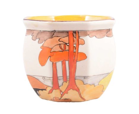 Clarice Cliff, 'Coral Firs' small Fern Pot, Bizarre backstamp, 9cm high, restorations.