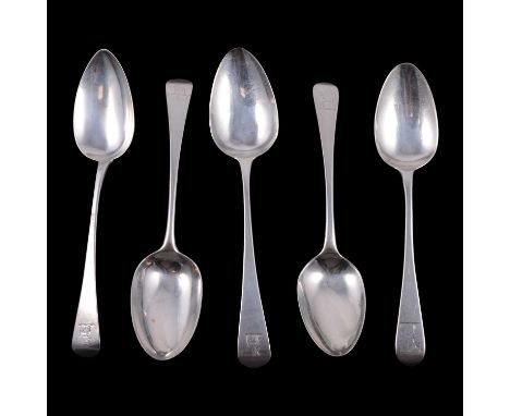 A pair of Georgian silver serving spoons, Richard Turner, London 1817, engraved stag's to finials; and three other Georgian s