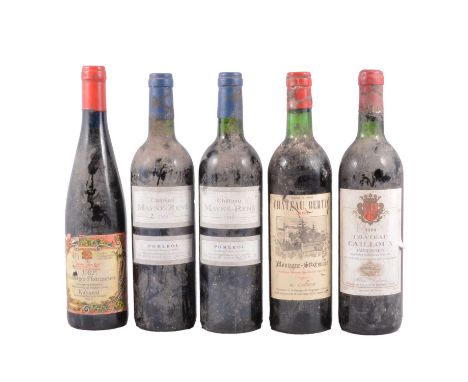 Five bottles of vintage wine:1983 Ch Bertin, Montagne-St-Emilion1994 Ch Cailloux, Saint-Julien1998 Ch Mayne-Rene, Pomerol, x2