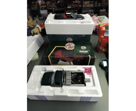 Three 1:18 scale diecast models, Corgi MGF Open Top limited edition 2898/11000 with certificate, Corgi MGF Hard Top 95101 and