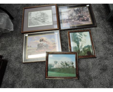 Five framed Railway Related Prints and Photographs, John S Gibb Bassenthwaite Lake 40cm x 34cm, Mike Delany Flying Scotsman 3