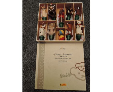 A modern Steiff limited edition Skittle Set 411502 279/1000 all nine animals have white tags and buttons, two balls present, 