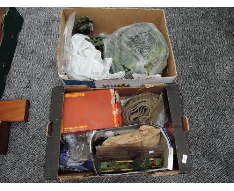 Two boxes of 00 scale Track Ballasts, Hornby Layout items, Tree's Bushes, Bark and Coal etc