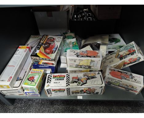 A shelf of mixed vintage toys including eight Kovap (Czech Repubic) models, Zetor Tractor, Fire Patrol 1924, Hawkey 1924 Type