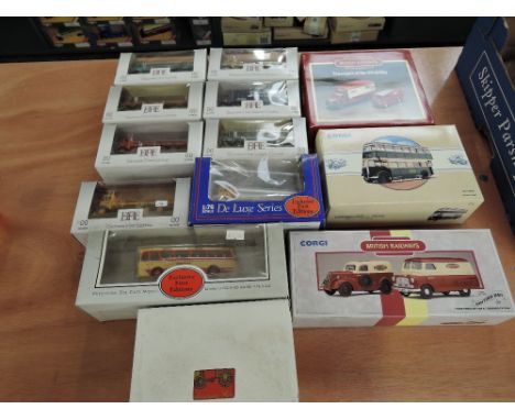 A selection of EFE 00 scale and Corgi diecasts including Wagons and buses, all boxed (13)