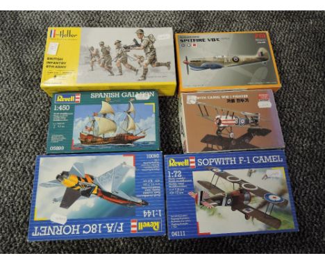 Six mixed scale plastic kits, Revell 1:144 FA-18C Hornett, 1:72 Sopwith Camel and 1:450 Spannish Galleon, Academy 1:72 Sopwit