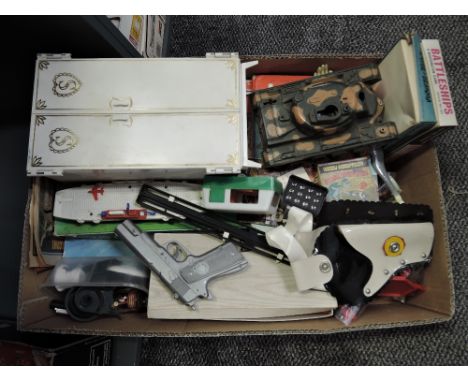 A box of vintage Toys &amp; Games including Marx Tank, Sindy Wardrobe, Travel Battleships, Tower of Brahma, League Championsh