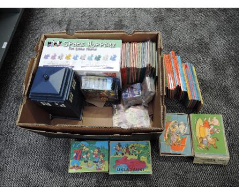 A box of mixed Toys comprising Vintage Ladybird Books, Doctor Who Battle Cards and Tardis, two vintage wooden block sets, Din