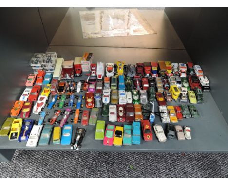 A shelf of mainly Matchbox playworn diecasts including Racing Cars, Military, Saloons, Vans etc also Linoln Pocket Rocket Ser