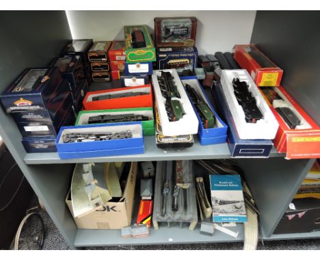 Two shelves of 00 gauge including Hornby 4-6-0 Loco &amp; Tender 45414 and 2-6-4 Tank Locomotive 42363, both boxed, three Hor