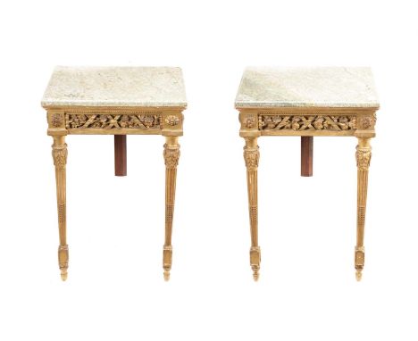 A pair of giltwood and marble topped console tables, late 19th century and later, of narrow 'bedside' proportion, almost cert