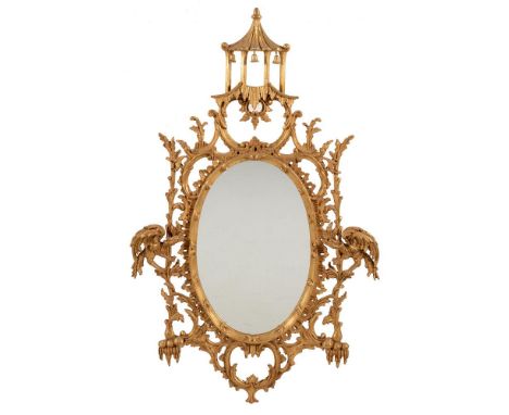 A pair of modern Italian giltwood wall mirrors, in George III 'Chinese Chippendale' style, with pagoda surmount above the scr