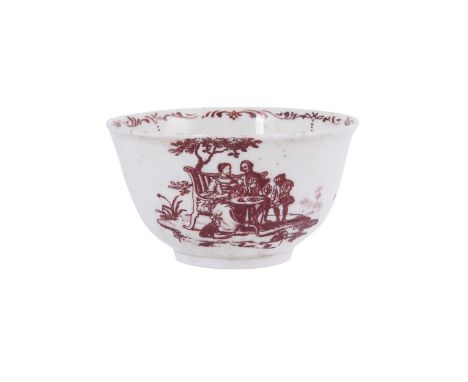 A Worcester sepia-printed teabowl, circa 1758-60, printed with a version of the 'Tea Party' and 'The Wheeling Chair' verso, 7