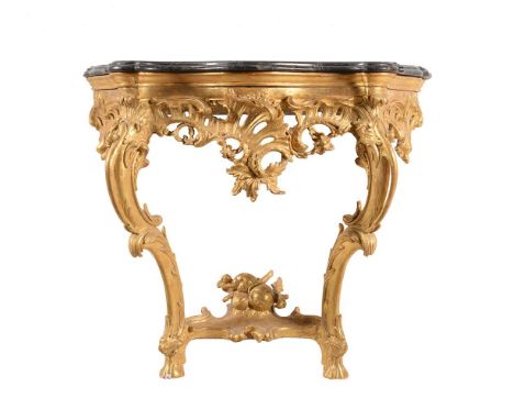 A giltwood console table in rococo style, 19th century, with a dark grey and yellow veined marble top, the base carved with s