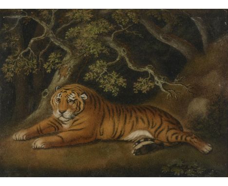 Follower of Benjamin Zobel Tiger resting under trees Sandpainting on board 52.5 x 70.5cm (20½ x 27¾ in.)Condition Report: Und