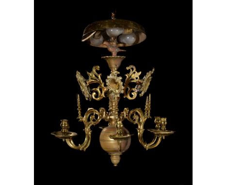 A brass light chandelier, probably Dutch 17th century, with later dish fitted for electricity above bird finial, the ball ste