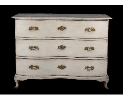 A French white painted commode in late 18th century style, 19th century, of double bowfront outline, the rear serial numbered