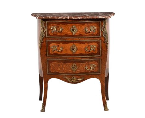 Y A rosewood, marquetry and giltmetal mounted petit commode, in Louis XV style, late 19th century, with associated variegated