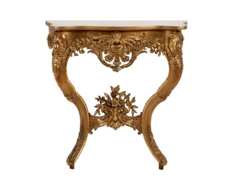 A French giltwood, composition and marble topped console table, late 19th century, 80cm high, 82cm wide, 34cm deepProvenance: