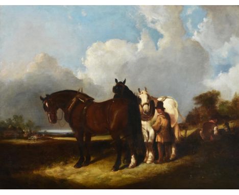 Follower of William ShayerTravellers and their horses resting in a country landscape Oil on canvas 71 x 92.5cm (27¾ x 36¼ in.