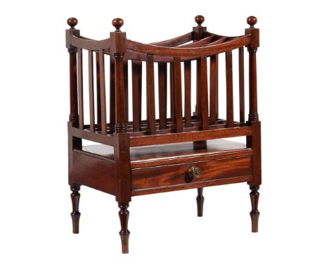 A Regency mahogany Canterbury, circa 1820, the ball finials above the swept top, divisions, and frieze drawer, 61cm high, 45c