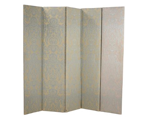 A five fold room screen, 20th century, covered in cotton Damask style upholstery in turquoise and beige, each panel 220cm hig