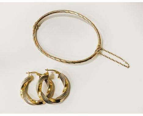 9 CARAT GOLD BANGLE WITH A PAIR OF 9 CARAT GOLD EARRINGS 11 GRAMS APPROX