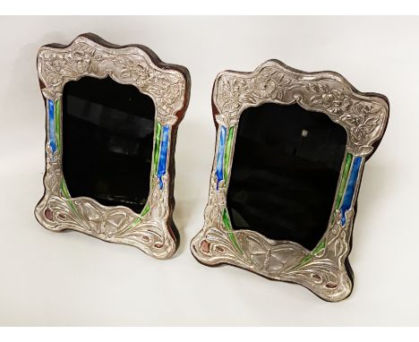 PAIR OF SILVER &amp; ENAMEL BUTTERFLY PHOTO FRAMES 21.5CMS (H) X 16CMS (W) APPROX OUTER FRAME 
