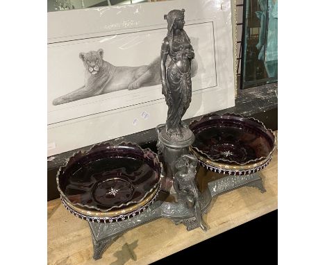 ART NOUVEAU SILVER PLATE FIGURAL CENTREPIECE WITH ENAMEL DECORATED GLASS BOWLS 55CMS (H) APPROX A/F