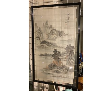 CHINESE SIGNED PAINTING ON RICE PAPER FRAMED IN DOUBLE GLASS - 103CMS BY 62CMS IN FRAME