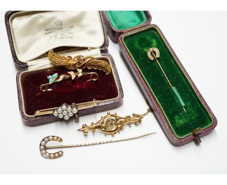 A 15ct gold, ruby and diamond set bar brooch, four other bar brooches including 9ct and two stick pins. Condition - poor to f
