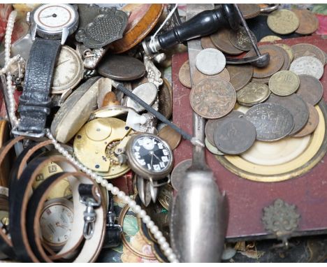 A quantity of assorted collectables including, coins, a desk seal, a miniature portrait, watch parts, plated wares, etc. Cond
