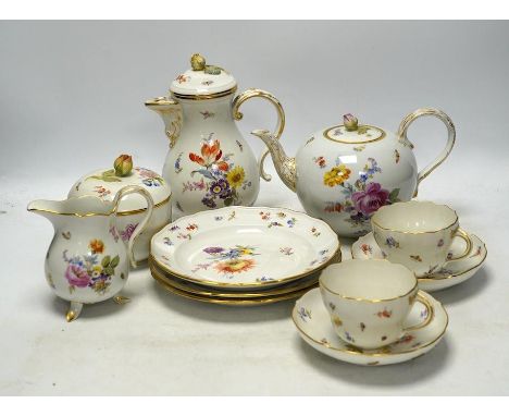 An early 20th century Meissen porcelain teaset, painted with insect and floral decoration, tallest 20cm. Condition - fair to 