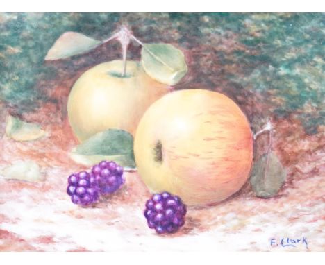F. Clark (Royal Worcester artist, 20th. C), ceramic plaque, Still life of fruit, signed, 8 x 10.5cm, gilt framed. Condition -