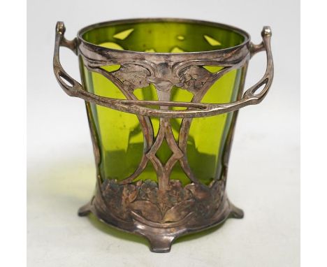 An Art Nouveau WMF pewter mounted biscuit jar with glass liner, lacking cover, stamped to the base, 23cm high including handl