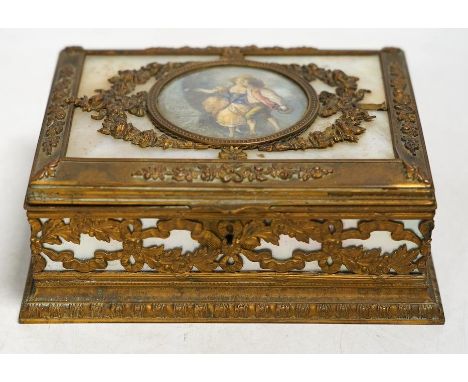 A French mother of pearl and gilt metal trinket box inset with a hand painted panel of two figures, 15cm wide. Condition - fa