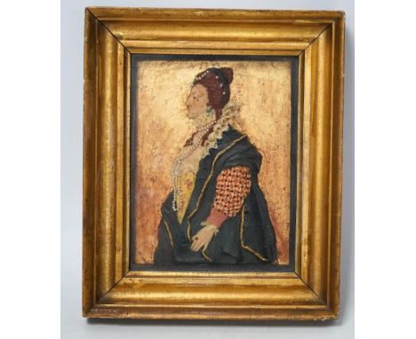 A 19th century carved wax portrait of Elizabeth I, housed in a gilt frame, overall 18 x 15cm. Condition - fair