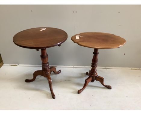 An early Victorian oval mahogany tripod wine table, width 60cm, depth 43cm, height 71cm, together with a 19th century circula