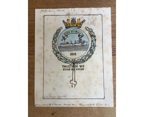 Nelson Dawson (1859-1941), original design for the Ships badge for HMS Zubian, signed and inscribed, a hand coloured example 