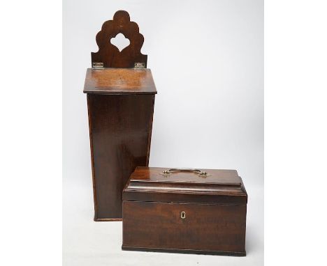 A late 18th century mahogany tea caddy and a similar candle box, 52cm. Condition - fair Tea caddy cover with wear caused by w