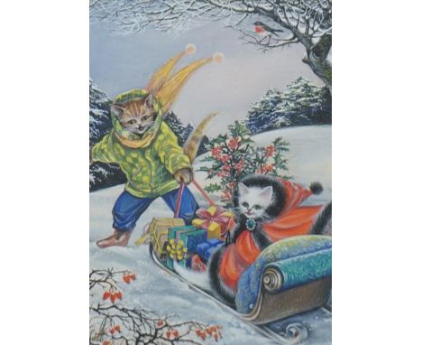 Margaret Pamela Colebourn (1913-2000), set of four watercolour and gouaches, 'The Cat’s Christmas', including Sledge ride wit