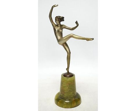 In the manner of Josef Lorenzl, an Art Deco bronze figure of a dancer on onyx base, 29cm. Condition - fair to good