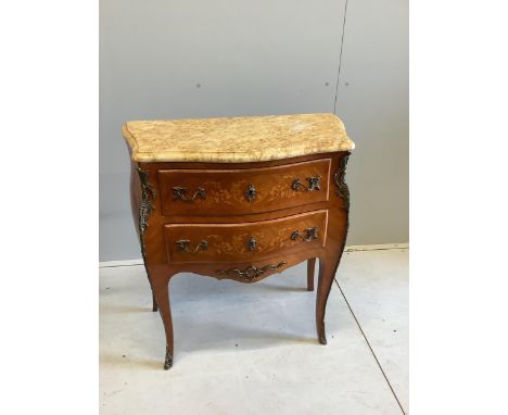 A Louis XVI style inlaid kingwood marble top bombe commode, width 78cm, depth 40cm, height 84cm. Condition - good
