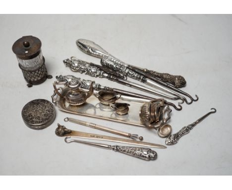 Sundry silver including a 1970's miniature four piece tea set and tray, a George III silver caddy spoon, Edwardian letter ope