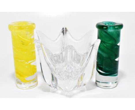 KOSTA BODA; two Art Glass cylindrical vases, encased with stylised motifs, each complete with original label, height 15cm, to