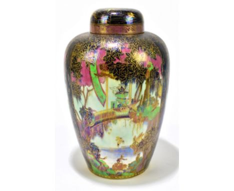DAISY MAKEIG-JONES FOR WEDGWOOD; a ginger jar and cover of shouldered form, decorated with fairies and a castle scene, patter