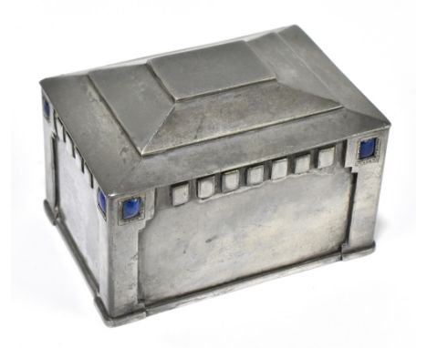 A German Arts & Crafts pewter and enamelled trinket box of rectangular form, with stepped hinged lid, unmarked, length 10.5cm