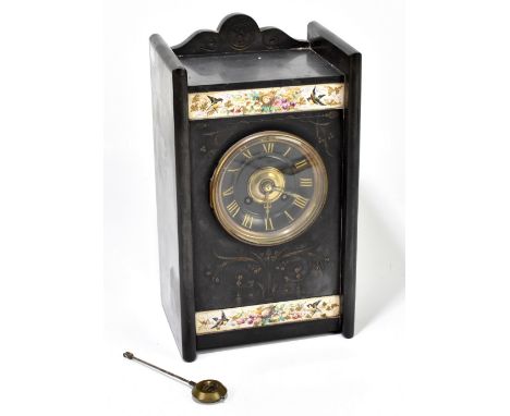 A late Victorian slate mantel clock with applied hand painted panels depicting birds in flight and nests, outside carved scro