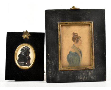 A 19th century portrait miniature watercolour, side profile of a maiden with curly hair and a blue dress, unsigned, 10.5 x 7.